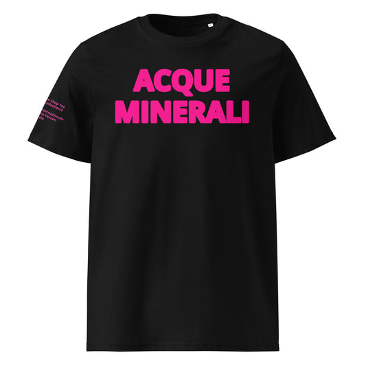 Front view of the Acque Minerali T-Shirt in black with pink Flo Viz, honoring Imola’s iconic track.