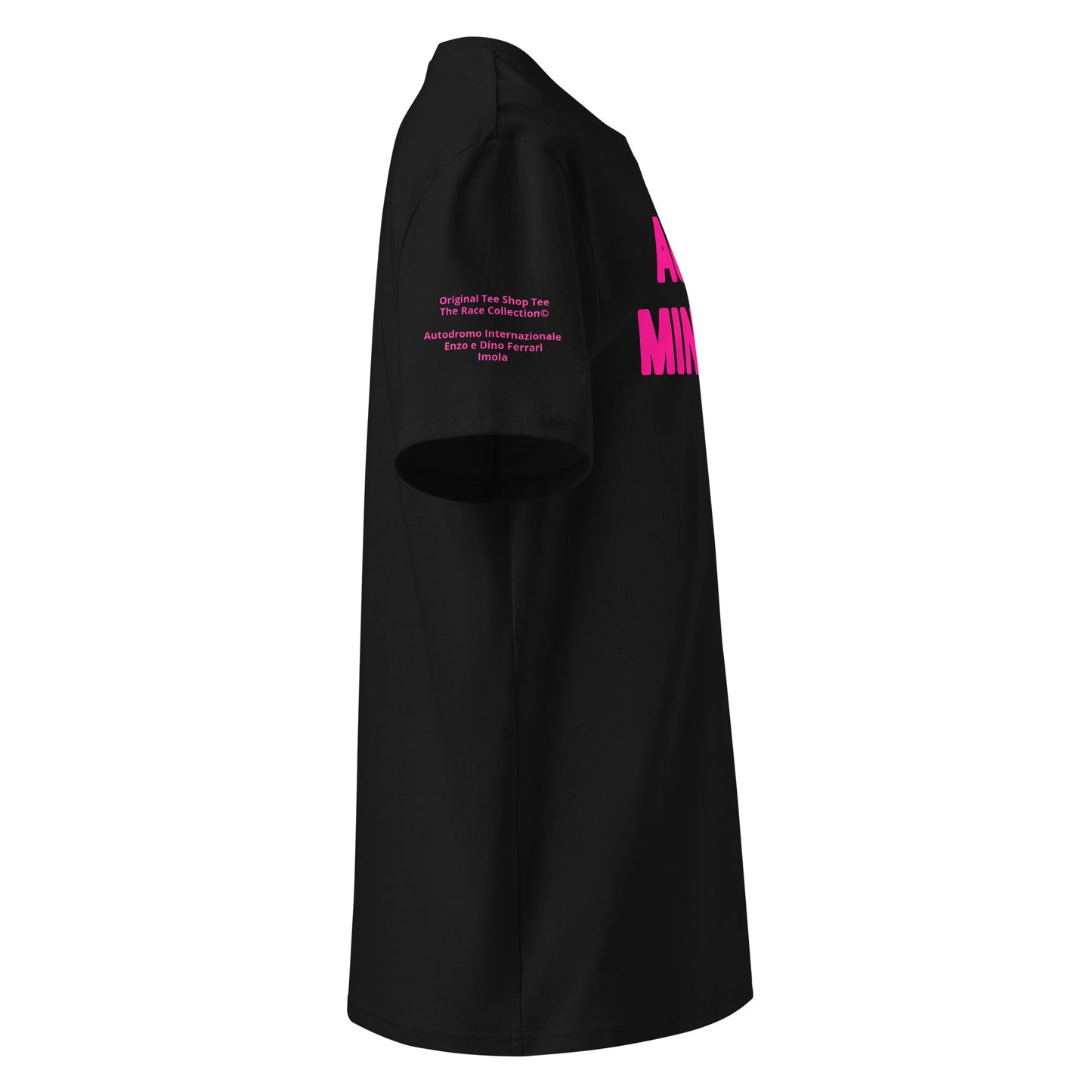 Right-side view of the Acque Minerali Black T-Shirt with vibrant pink Flo Viz detailing.