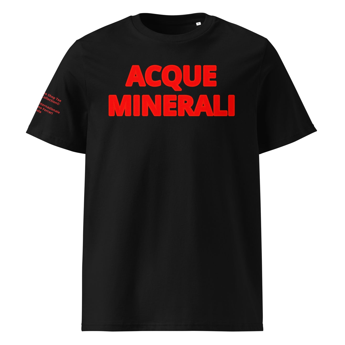 Front view of the Acque Minerali Black T-Shirt with red Flo Viz, inspired by the Imola track.

