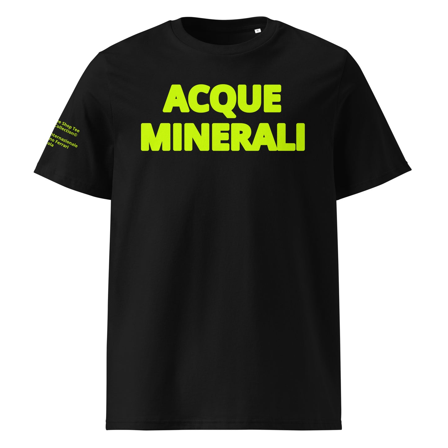 Front view of the Acque Minerali T-Shirt in black with yellow Flo Viz, inspired by Imola’s iconic track.