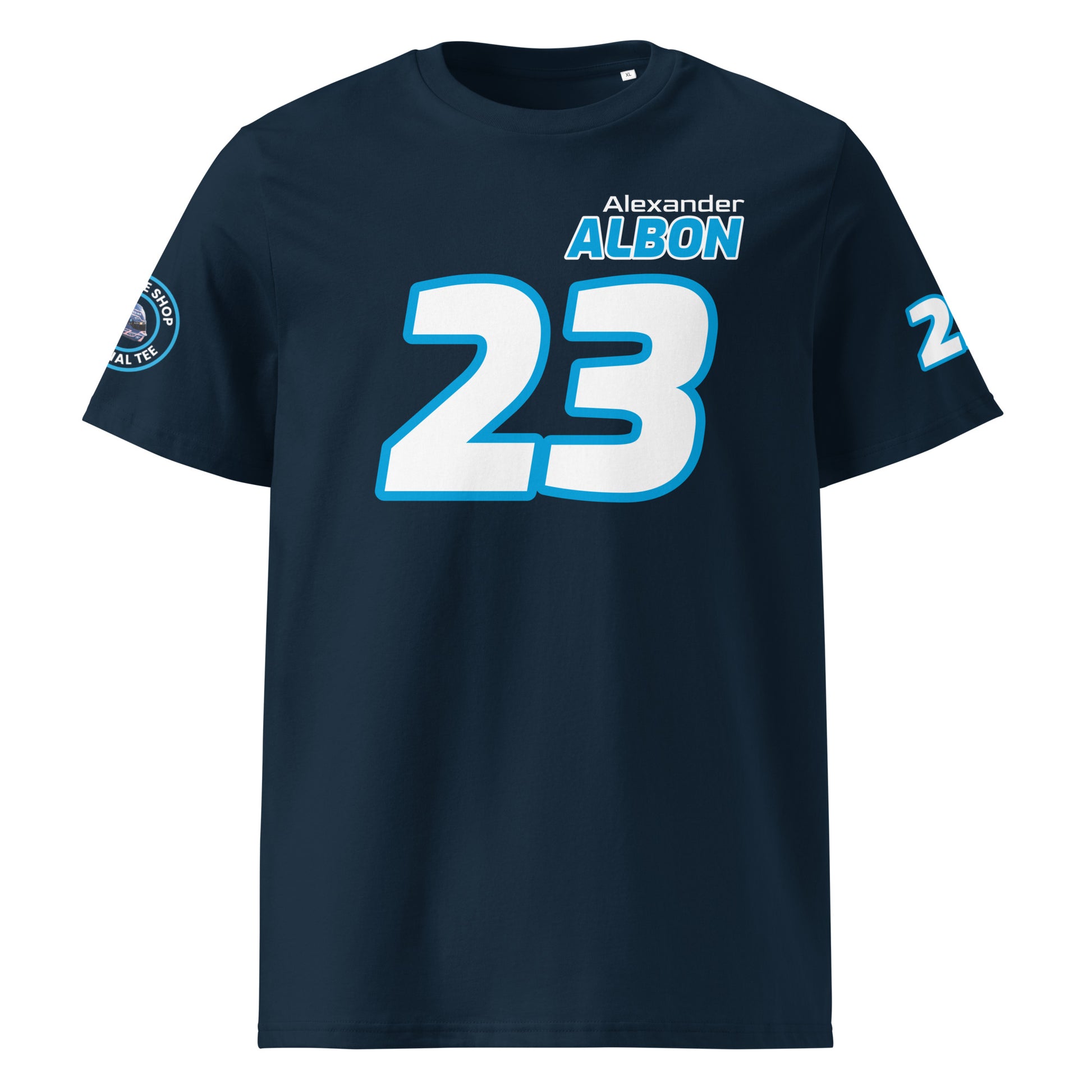 View the front of the navy Alex Albon T-Shirt, featuring "Alexander Albon" and the number "23" in blue. Perfect for F1 fans and petrol heads.