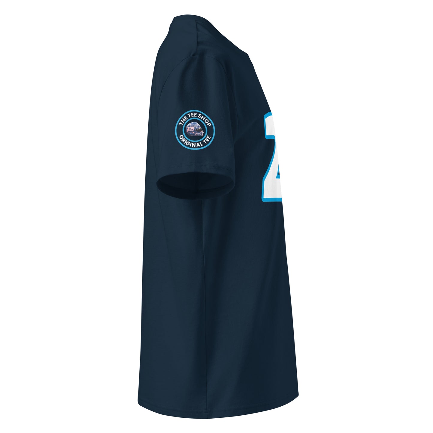 Check out the right sleeve of the navy Alex Albon T-Shirt, showcasing TheTeeShop logo with a unique image correlating to Alex Albon.