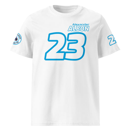 View the front of the white Alex Albon T-Shirt, featuring "Alexander Albon" and the number "23" in blue. Perfect for F1 fans and petrol heads.
