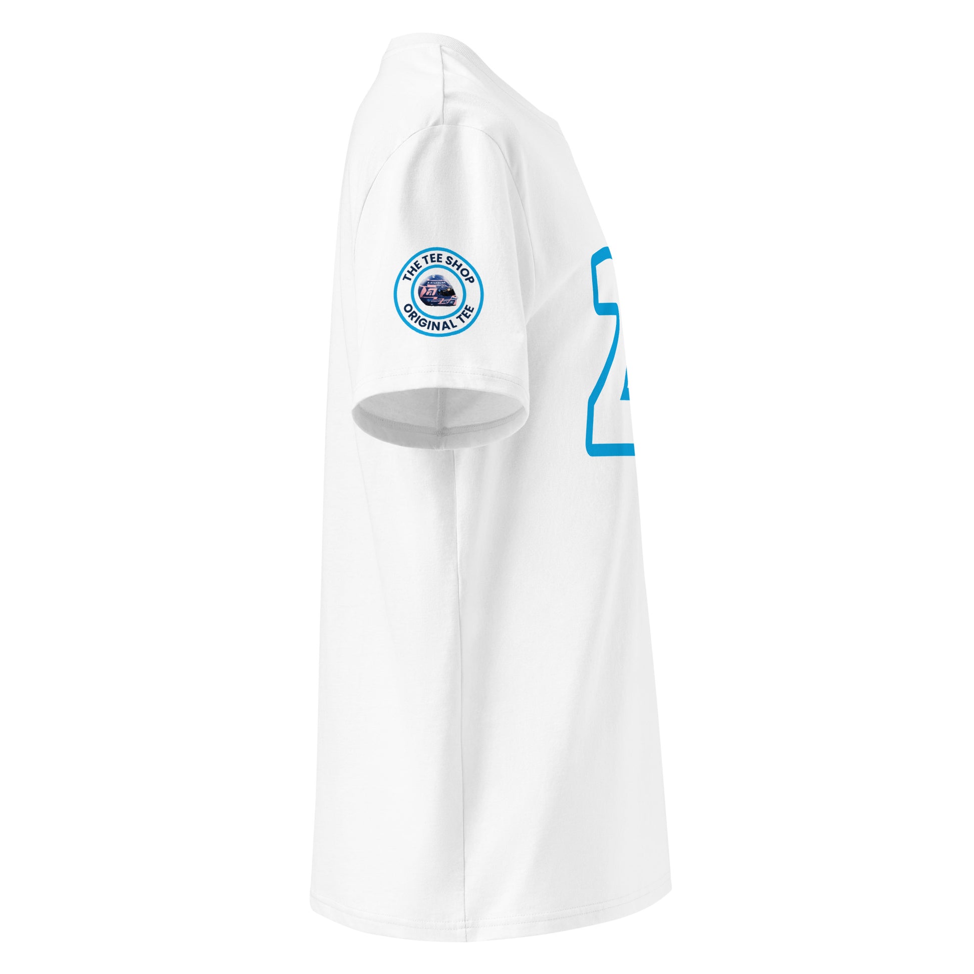 Check out the right sleeve of the white Alex Albon T-Shirt, showcasing TheTeeShop logo with a unique image correlating to Alex Albon