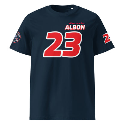 View the front of the navy Alexander Albon T-Shirt, featuring "Alexander Albon" and the number "23" in blue with red outlines. Perfect for F1 fans and petrol heads.
