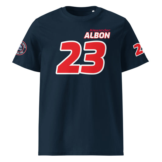 View the front of the navy Alexander Albon T-Shirt, featuring "Alexander Albon" and the number "23" in blue with red outlines. Perfect for F1 fans and petrol heads.