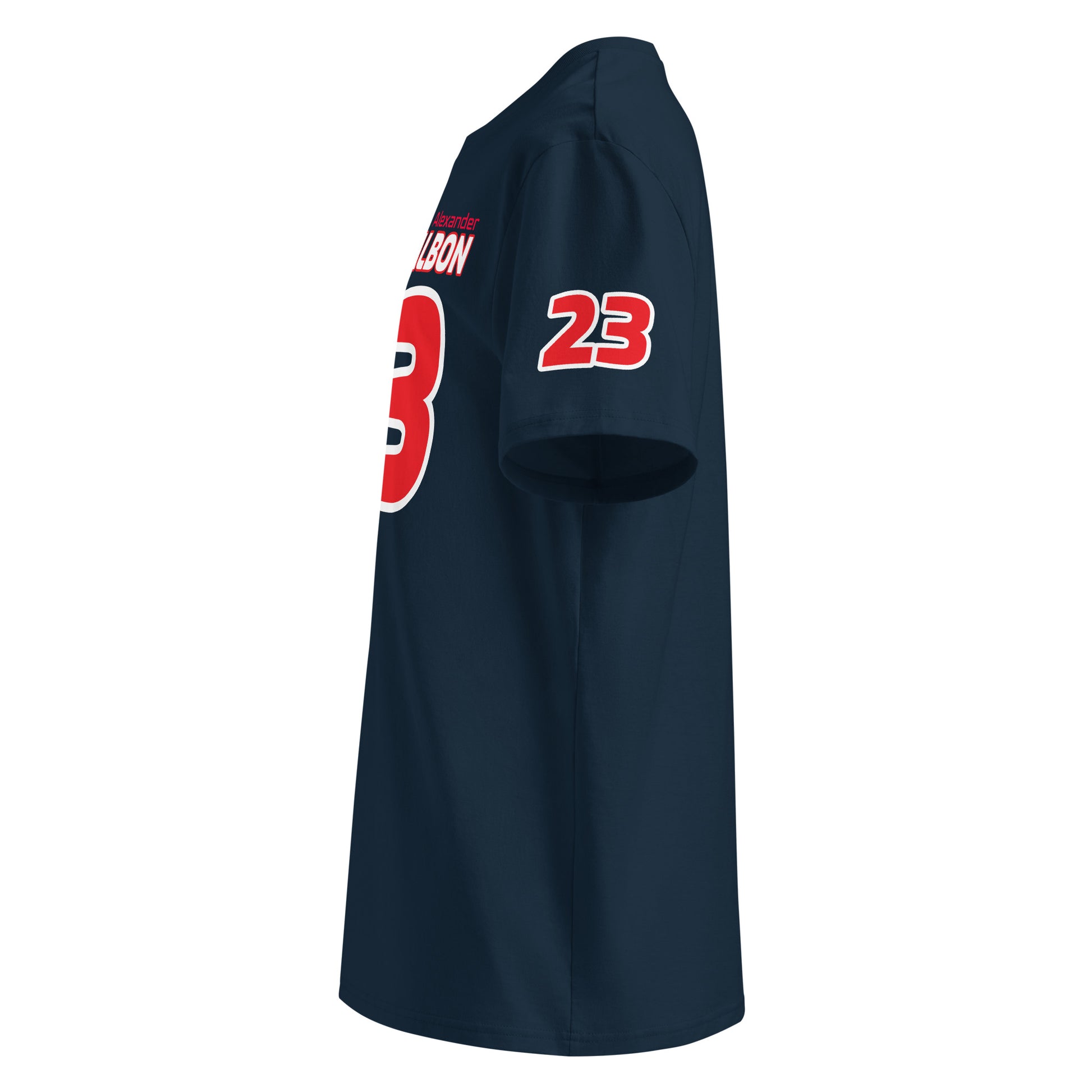 See the left sleeve of the navy Alexander Albon T-Shirt, featuring additional logos or designs. Ideal for car meets and shows.