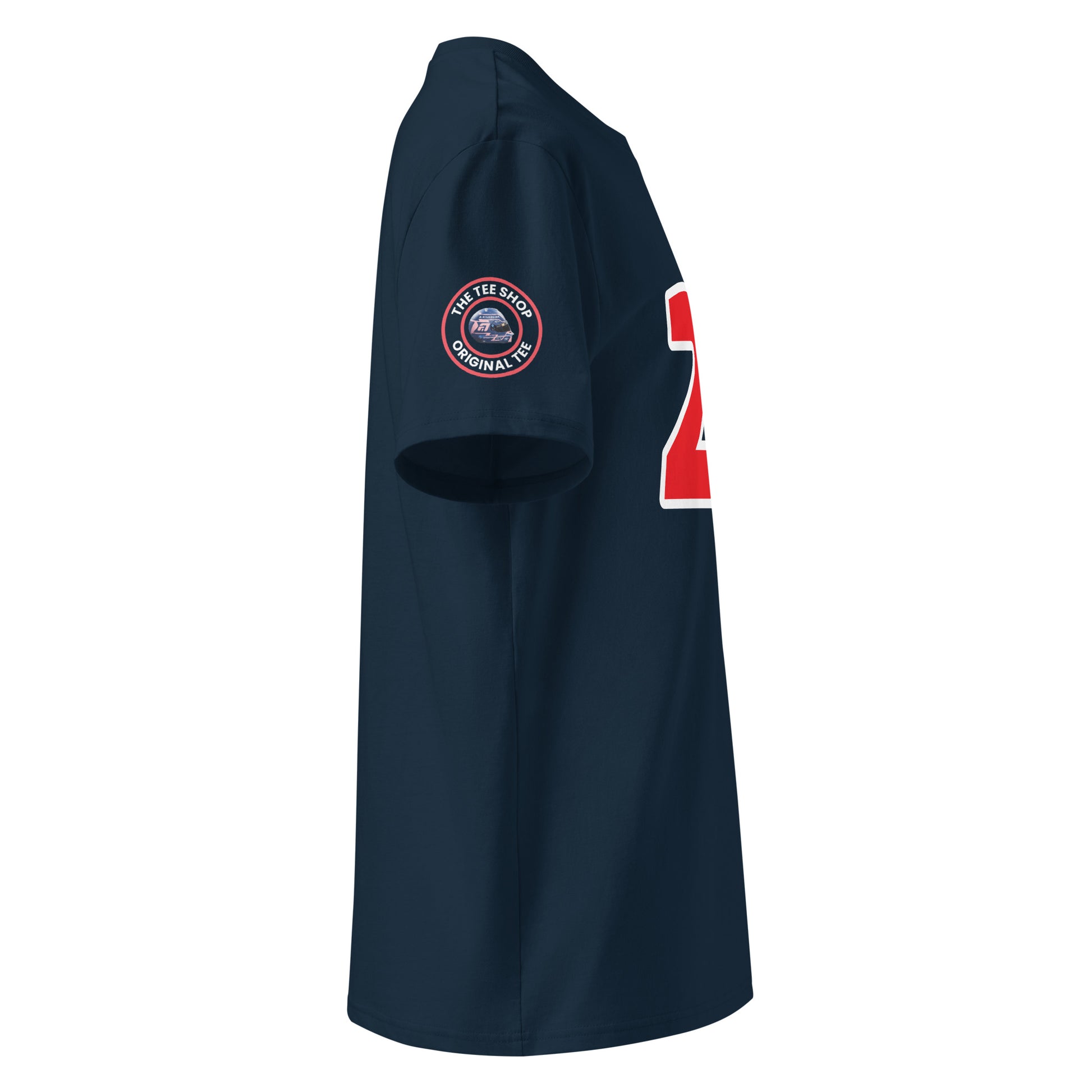Check out the right sleeve of the navy Alexander Albon T-Shirt, showcasing TheTeeShop logo with a unique image correlating to Alexander Albon.