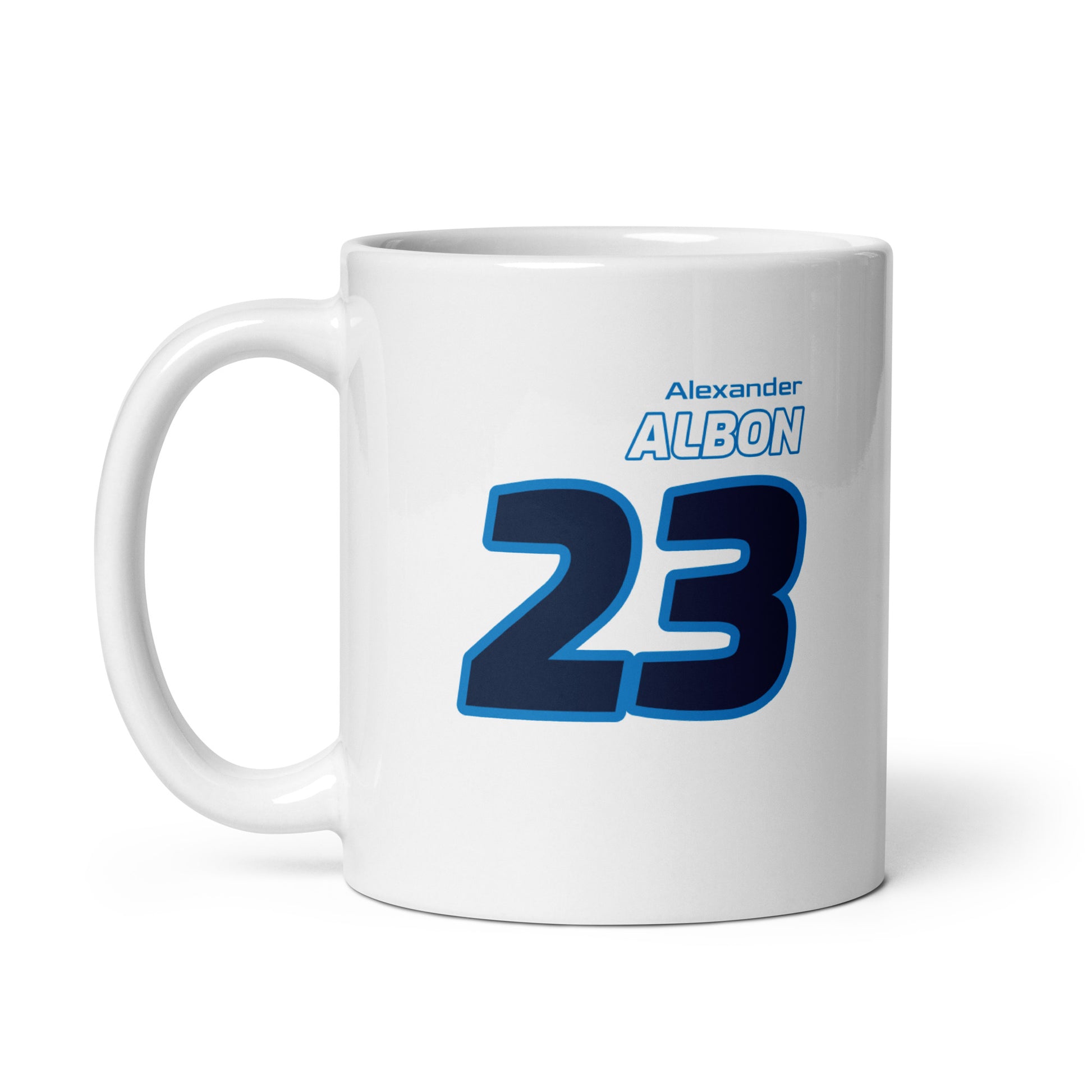 The Alexander Albon Racing Mug featuring Alexander's name and number "23" in vibrant Williams team colours. Ideal for enjoying a brew while watching the Grand Prix.