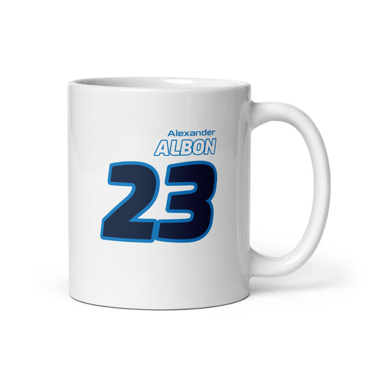 The Alexander Albon Racing Mug showcasing Alexander's name and number "23" in bold Williams team colours of blue. Perfect for motorsport fans and collectors.