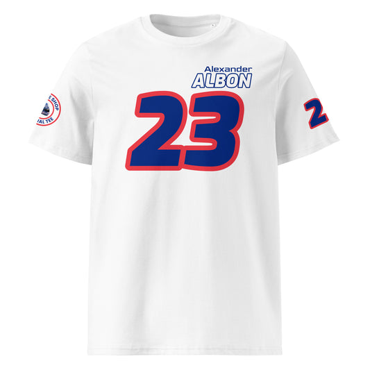 View the front of the white Alexander Albon T-Shirt, featuring "Alexander Albon" and the number "23" in blue with red outlines. Perfect for F1 fans and petrol heads.