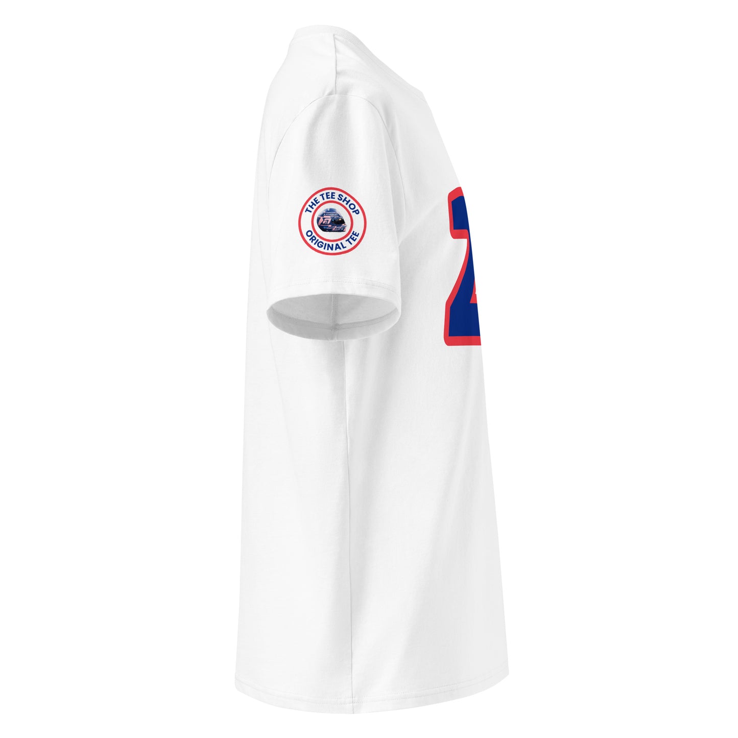Check out the right sleeve of the white Alexander Albon T-Shirt, showcasing TheTeeShop logo with a unique image correlating to Alexander Albon.