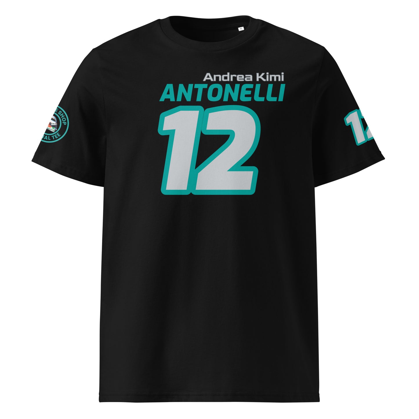 View the front of the black Andrea Kimi Antonelli T-Shirt, featuring "Andrea Kimi ANTONELLI" and the number "12". Perfect for F1 fans and petrol heads.