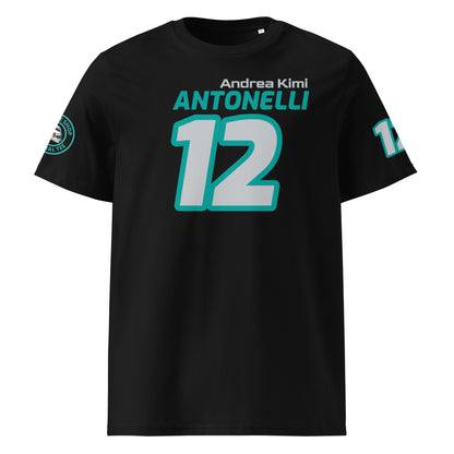 View the front of the black Andrea Kimi Antonelli T-Shirt, featuring "Andrea Kimi ANTONELLI" and the number "12". Perfect for F1 fans and petrol heads.