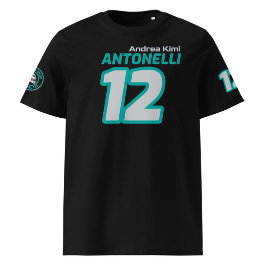 View the front of the black Andrea Kimi Antonelli T-Shirt, featuring "Andrea Kimi ANTONELLI" and the number "12". Perfect for F1 fans and petrol heads.