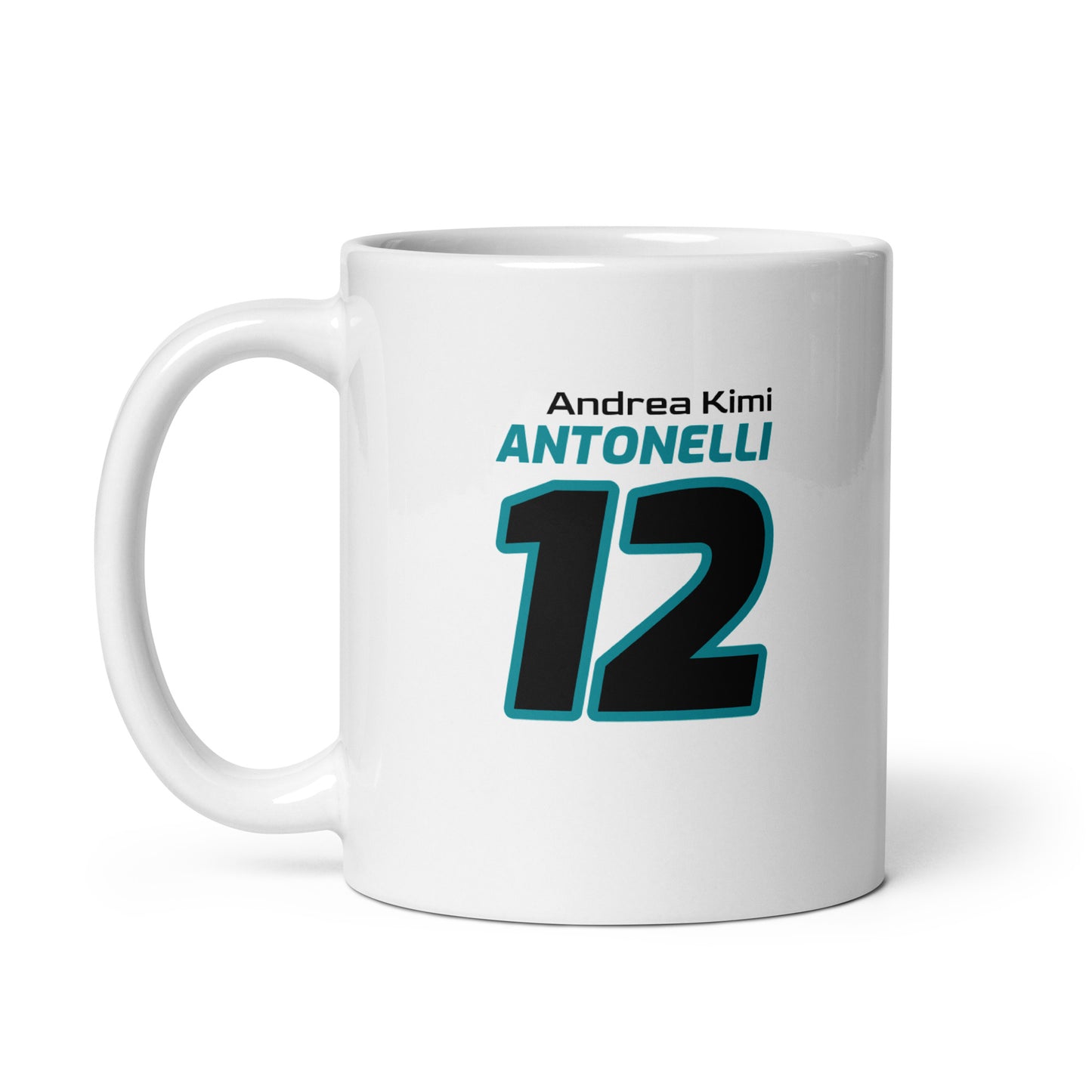 The Andrea Kimi Antonelli Racing Mug featuring Andrea's name and number "12" in vibrant Mercedes team colours. Ideal for enjoying a brew while watching the Grand Prix.