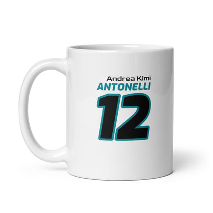 The Andrea Kimi Antonelli Racing Mug featuring Andrea's name and number "12" in vibrant Mercedes team colours. Ideal for enjoying a brew while watching the Grand Prix.
