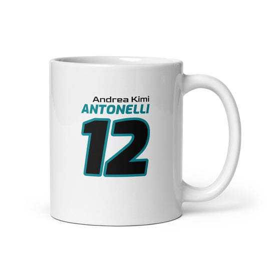 The Andrea Kimi Antonelli Racing Mug showcasing Andrea's name and number "12" in bold Mercedes team colours of black and teal. Perfect for motorsport fans and collectors.
