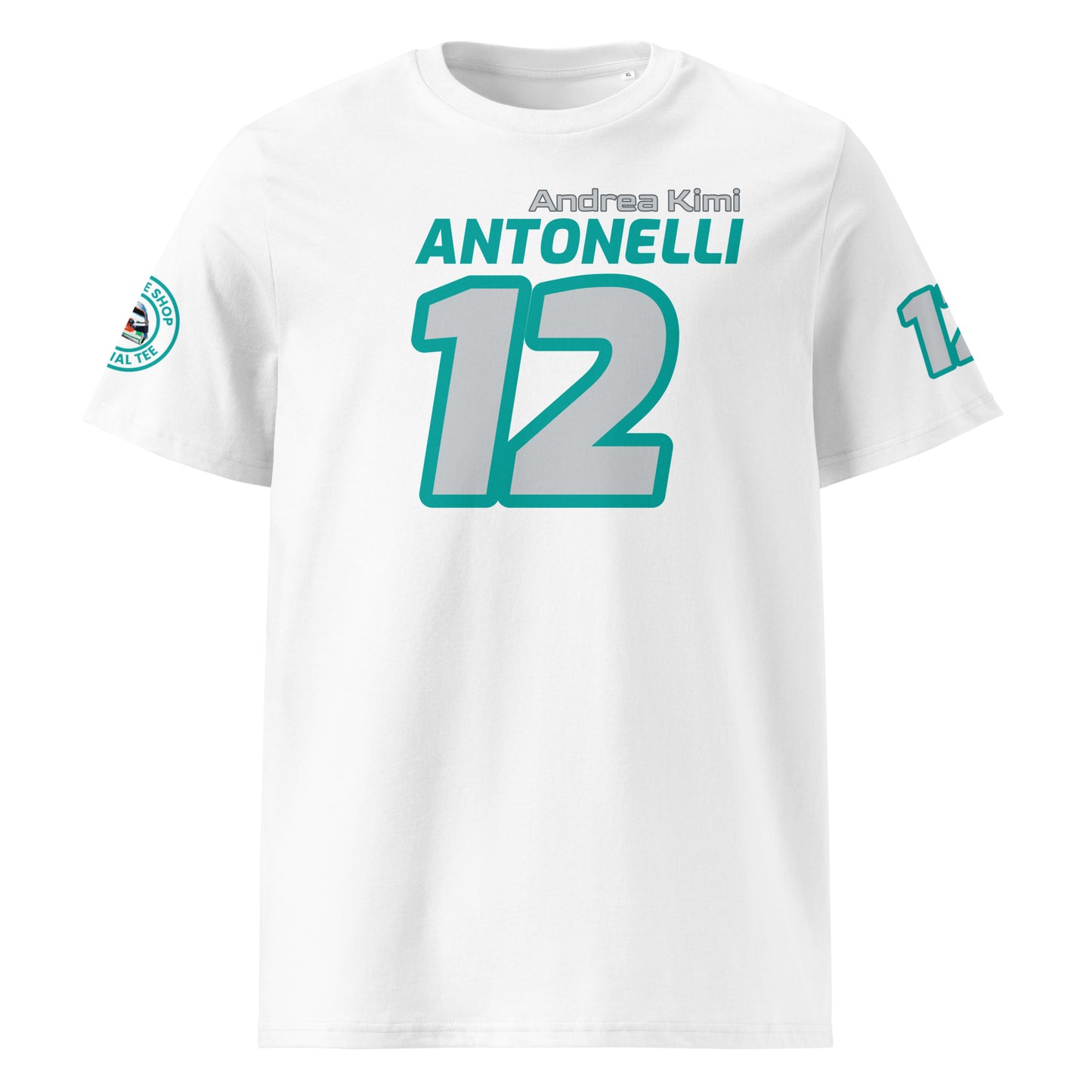 View the front of the white Andrea Kimi Antonelli T-Shirt, featuring "Andrea Kimi ANTONELLI" and the number "12" in teal. Perfect for F1 fans and petrol heads.