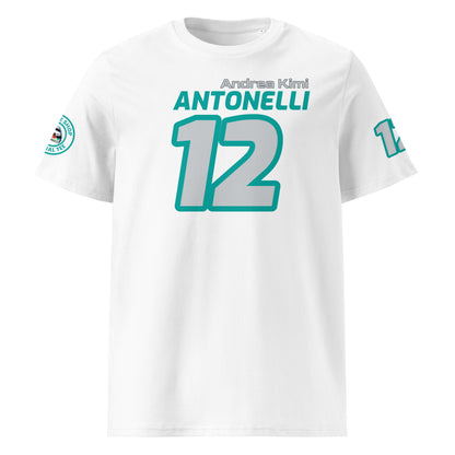 View the front of the white Andrea Kimi Antonelli T-Shirt, featuring "Andrea Kimi ANTONELLI" and the number "12" in teal. Perfect for F1 fans and petrol heads.
