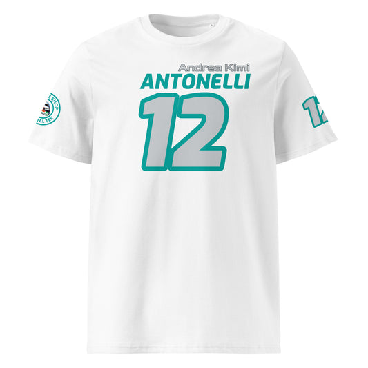 View the front of the white Andrea Kimi Antonelli T-Shirt, featuring "Andrea Kimi ANTONELLI" and the number "12" in teal. Perfect for F1 fans and petrol heads.