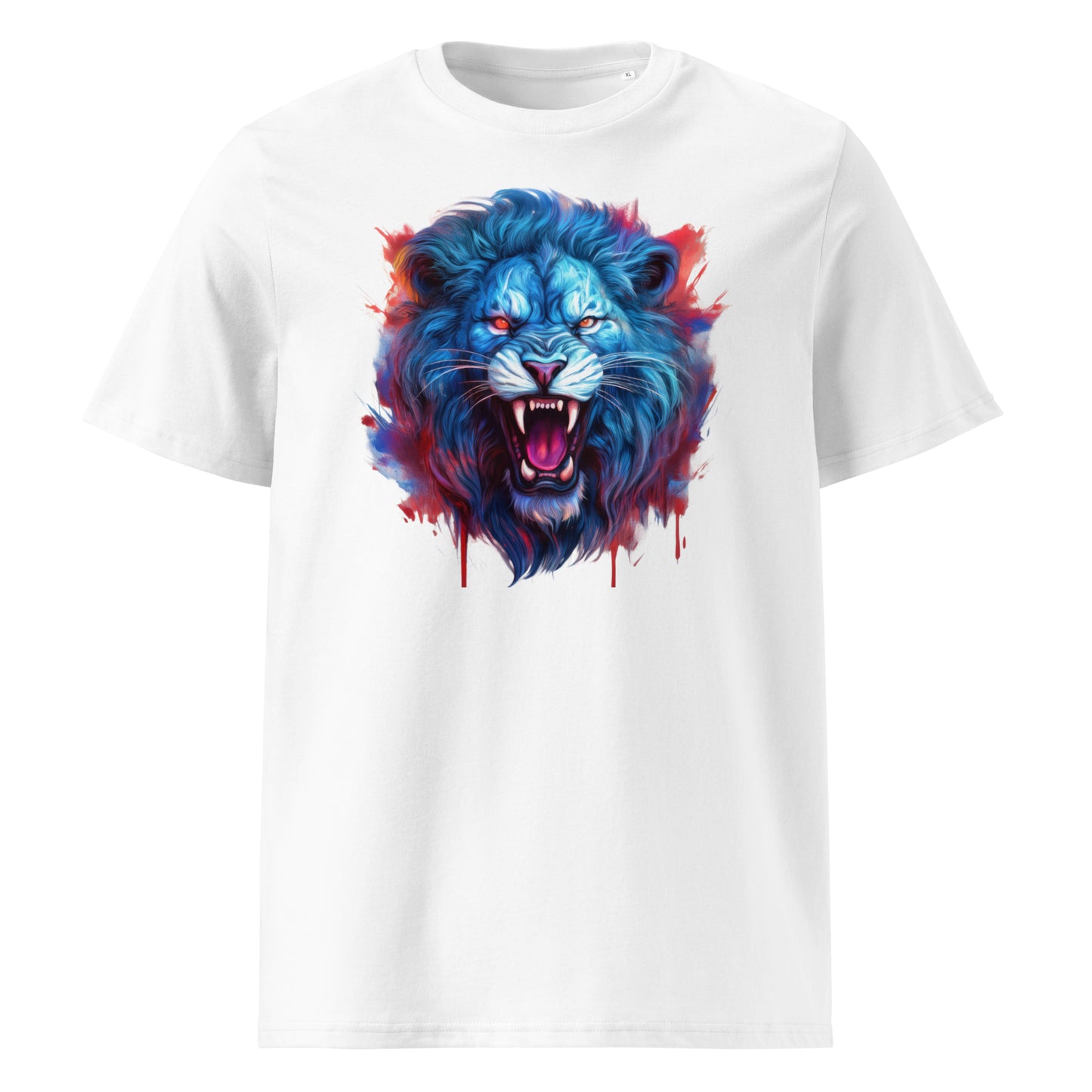 Front of the t-shirt featuring a fierce blue lion with red accents and dynamic splash effects – ideal for Leinster and Lions Tour rugby fans.