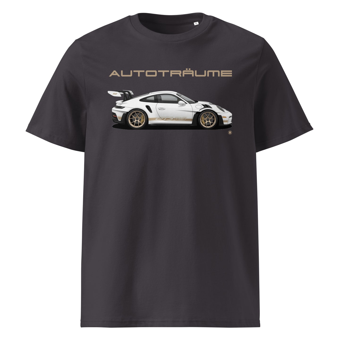 Anthracite AUTOTRÄUME Porsche GT3 RS T-Shirt with Gold Detail Front View.