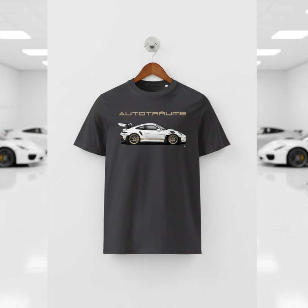 Anthracite unisex organic cotton AUTOTRÄUME GT3 RS T-shirt featuring a large, centred white Porsche-style GT3 RS car graphic with gold details hanging on a premium wooden hanger with a silver wall peg against a clean white wall panel in a bright modern sports car gallery with glossy floors and blurred white and silver sports cars on both sides.