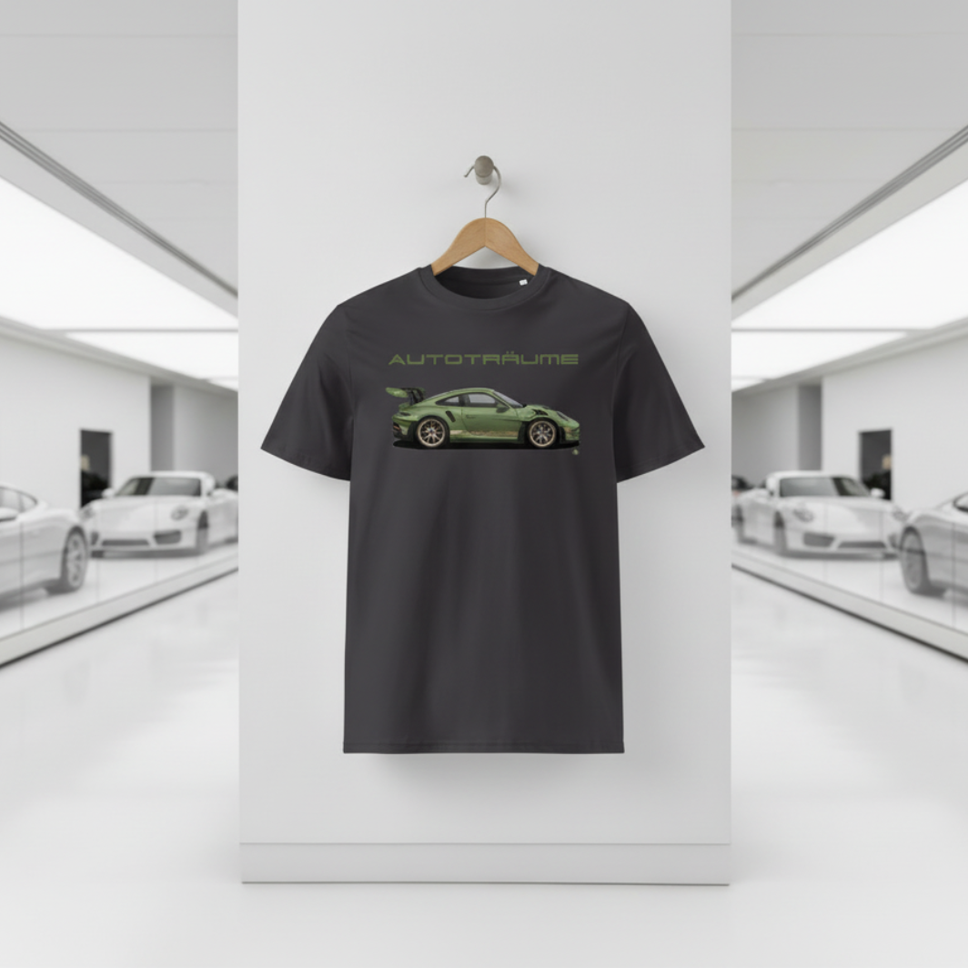 Anthracite AUTOTRÄUME GT3 T‑shirt with an olive green Porsche‑style car illustration hanging on a premium wooden hanger and silver peg against a central white wall in a bright sports car gallery, with a glossy white floor and blurred white and silver sports cars running down both sides.