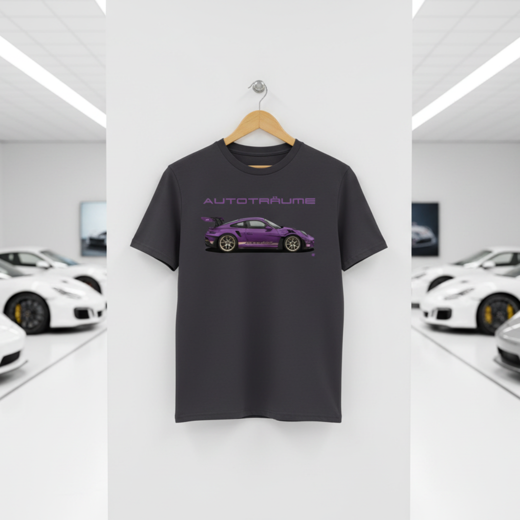 Anthracite AUTOTRÄUME GT3 T‑shirt with a purple Porsche‑style car illustration hanging on a premium wooden hanger and silver wall peg against a central white wall in a bright sports car gallery, with a glossy white floor and blurred white and silver sports cars running down both sides.
