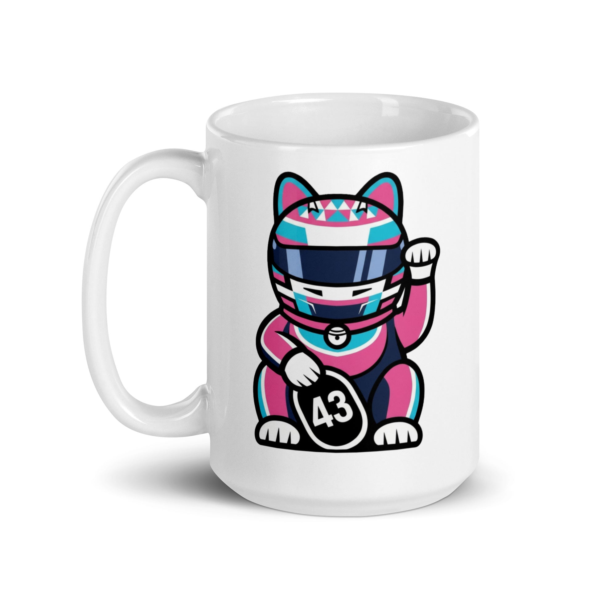 Glossy ceramic mug with a helmeted lucky cat in bold colours and a #43 coin ideal for 