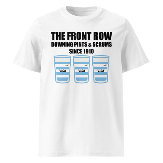 White Argentina home rugby t-shirt with black slogan text reading The Front Row Downing Pints & Scrums Since 1910 and three pint glasses in sky blue and white stripes.
