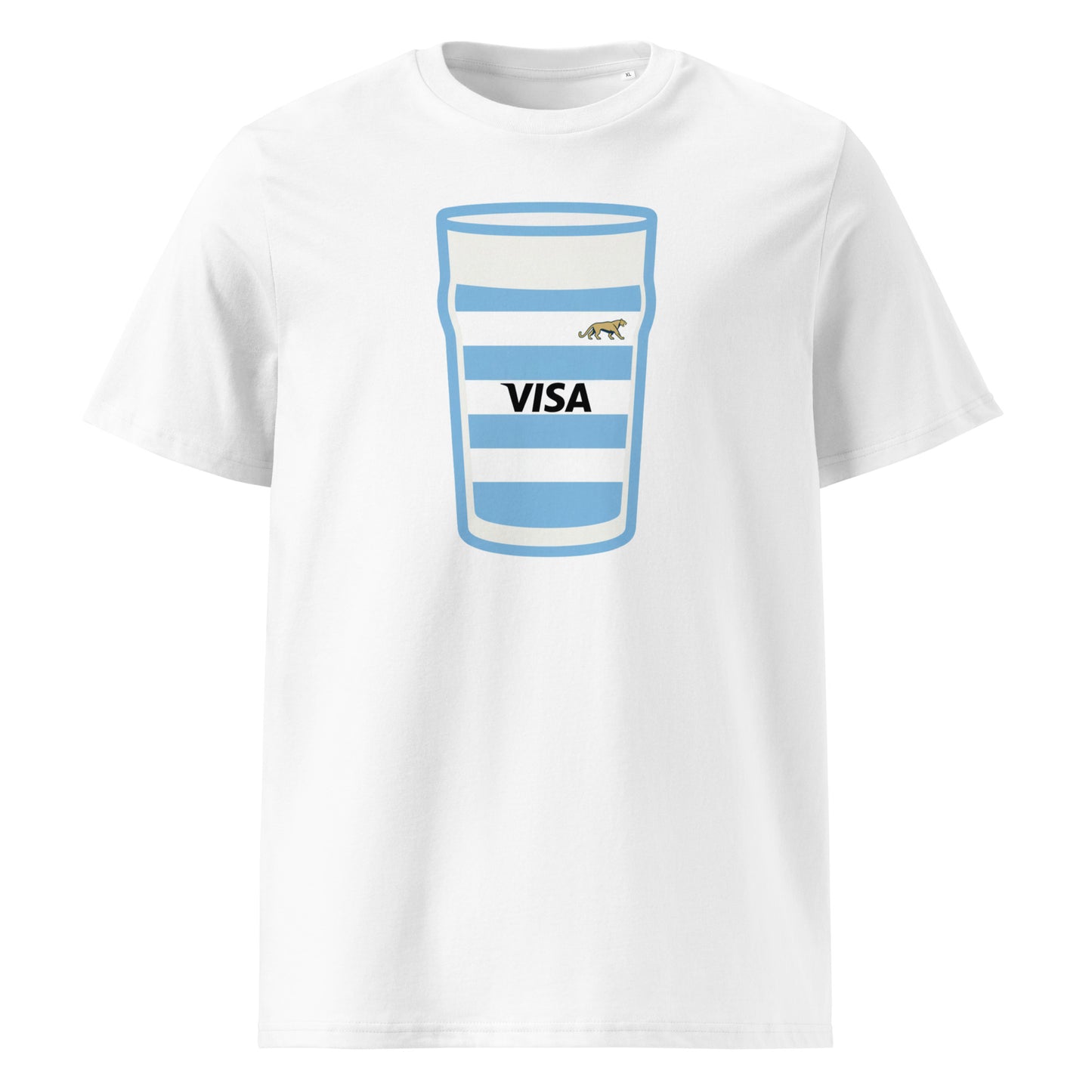 White Argentina Mega Pint Rugby T-Shirt with sky blue and white hooped pint glass graphic, puma detail and VISA sponsor styling.