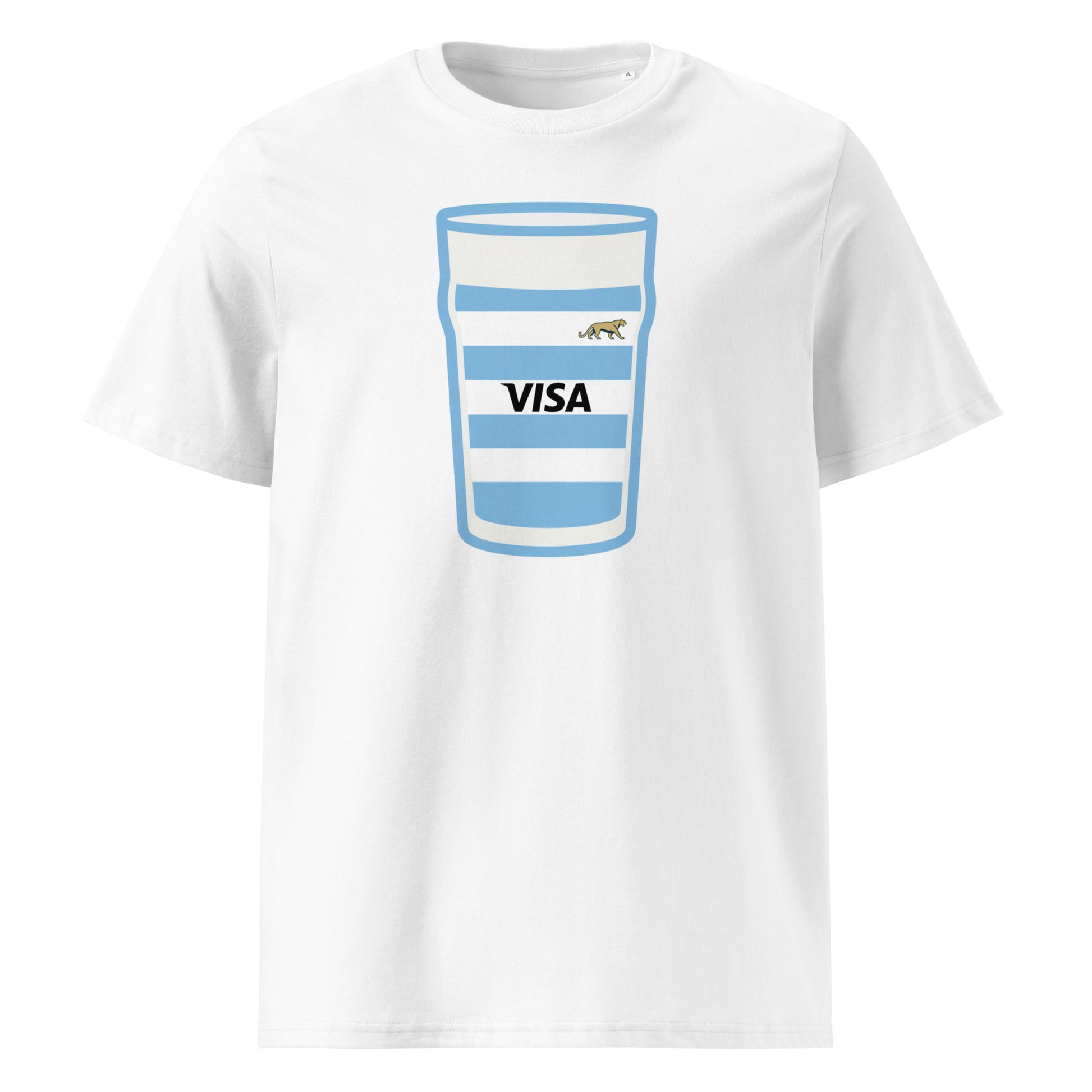 White Argentina Mega Pint Rugby T-Shirt with sky blue and white hooped pint glass graphic, puma detail and VISA sponsor styling.