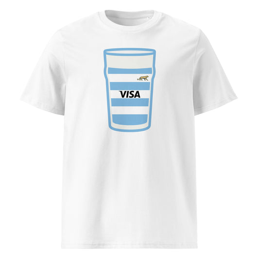 White Argentina Mega Pint Rugby T-Shirt with sky blue and white hooped pint glass graphic, puma detail and VISA sponsor styling.