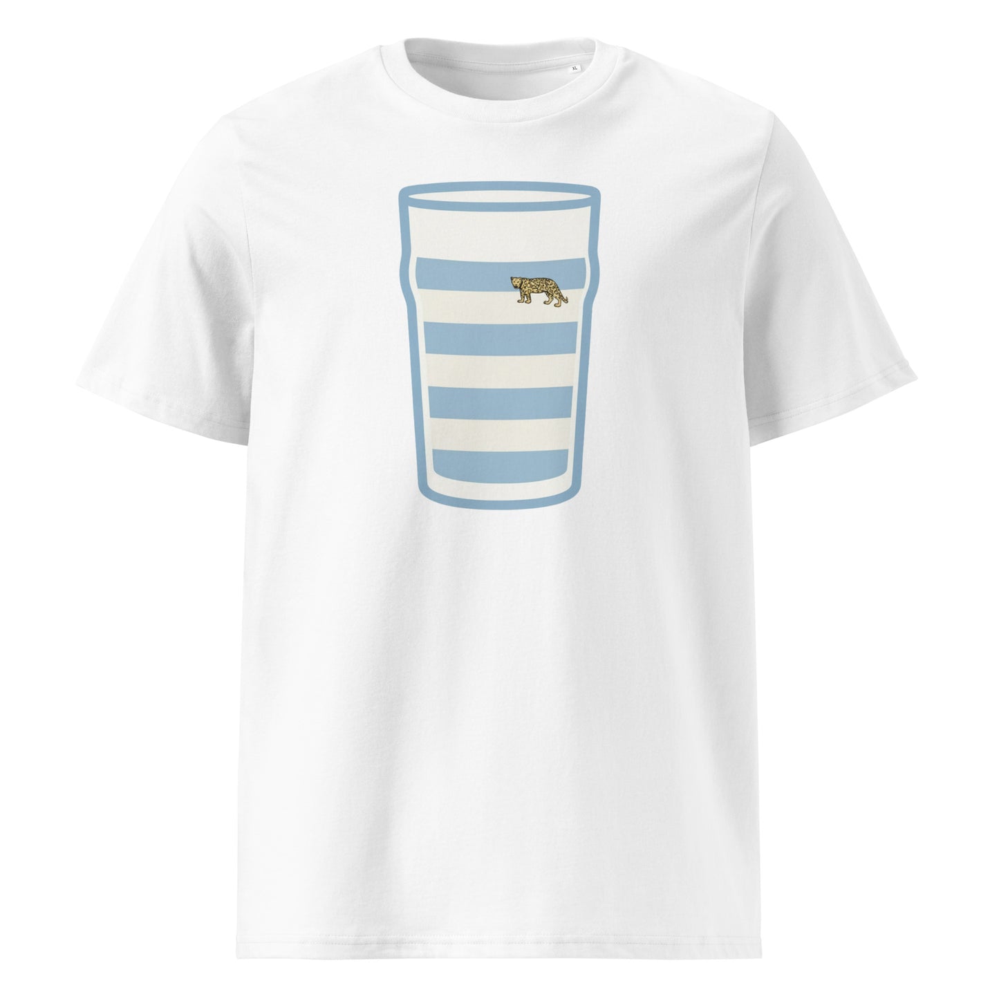 White Argentina Vintage Mega Pint Rugby T-Shirt with sky blue and white hooped pint glass graphic and classic puma detail.