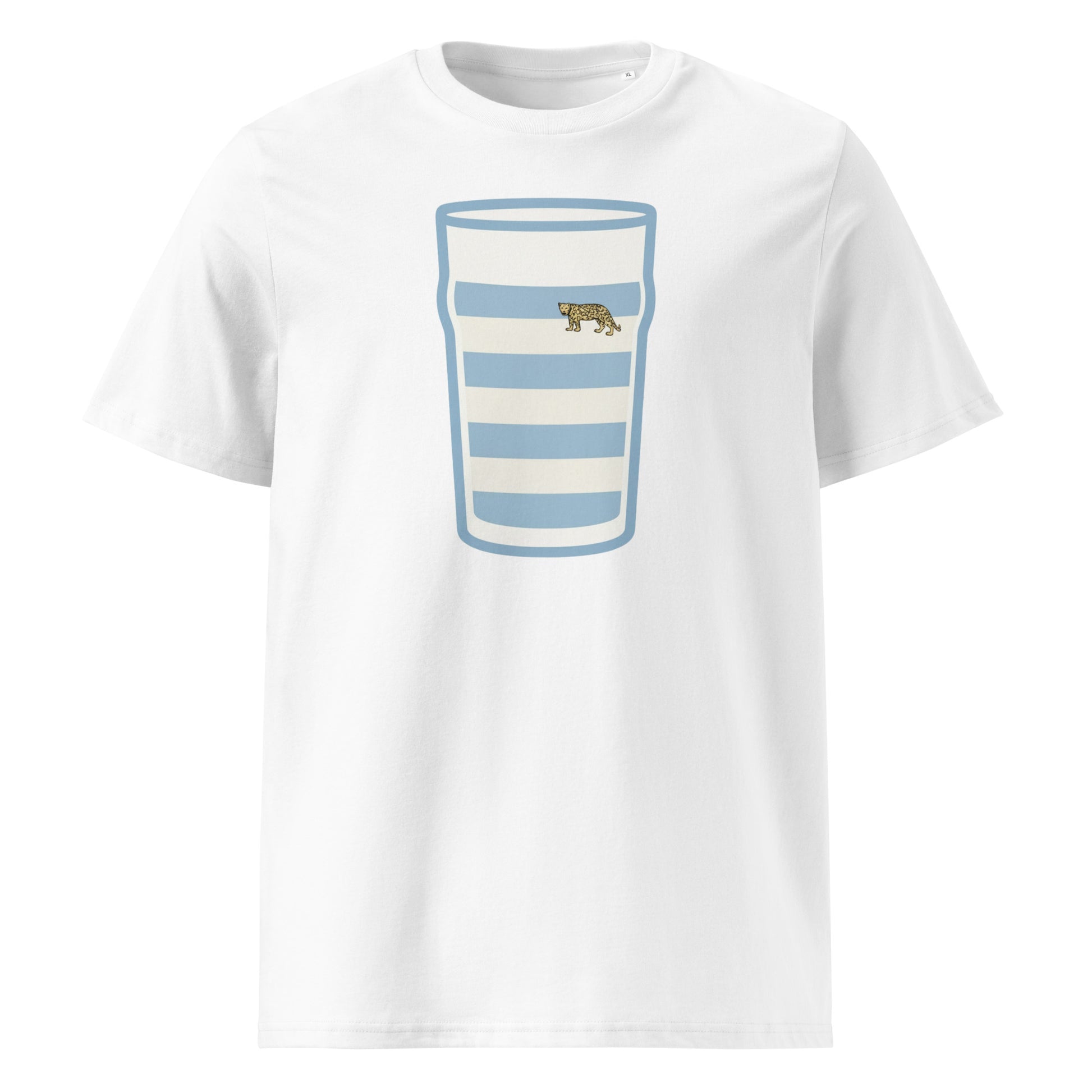 White Argentina Vintage Mega Pint Rugby T-Shirt with sky blue and white hooped pint glass graphic and classic puma detail.