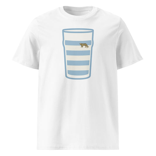 White Argentina Vintage Mega Pint Rugby T-Shirt with sky blue and white hooped pint glass graphic and classic puma detail.