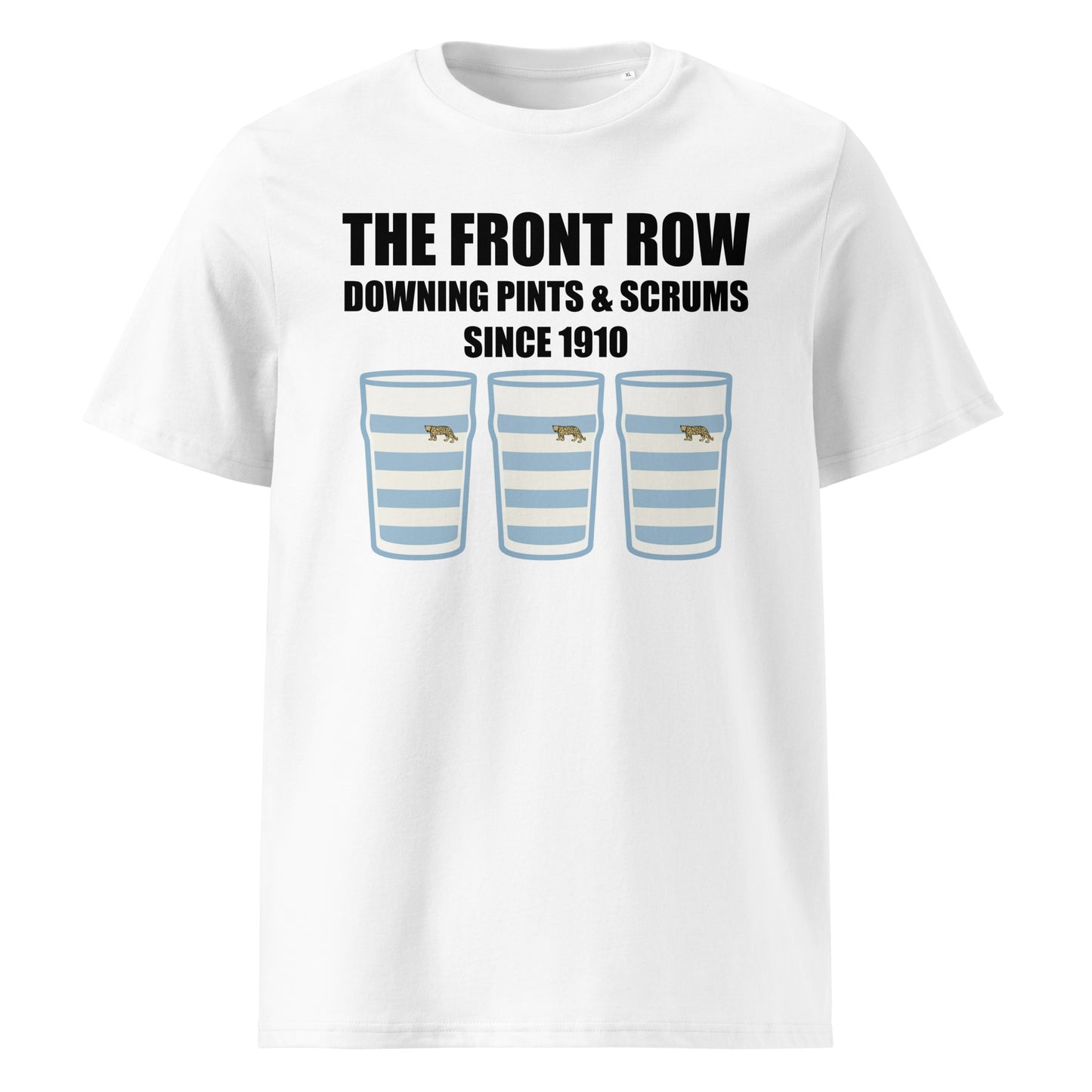 White Argentina vintage rugby t-shirt with pint glasses in sky blue and white stripes arranged in a front row formation and text reading Since 1910.