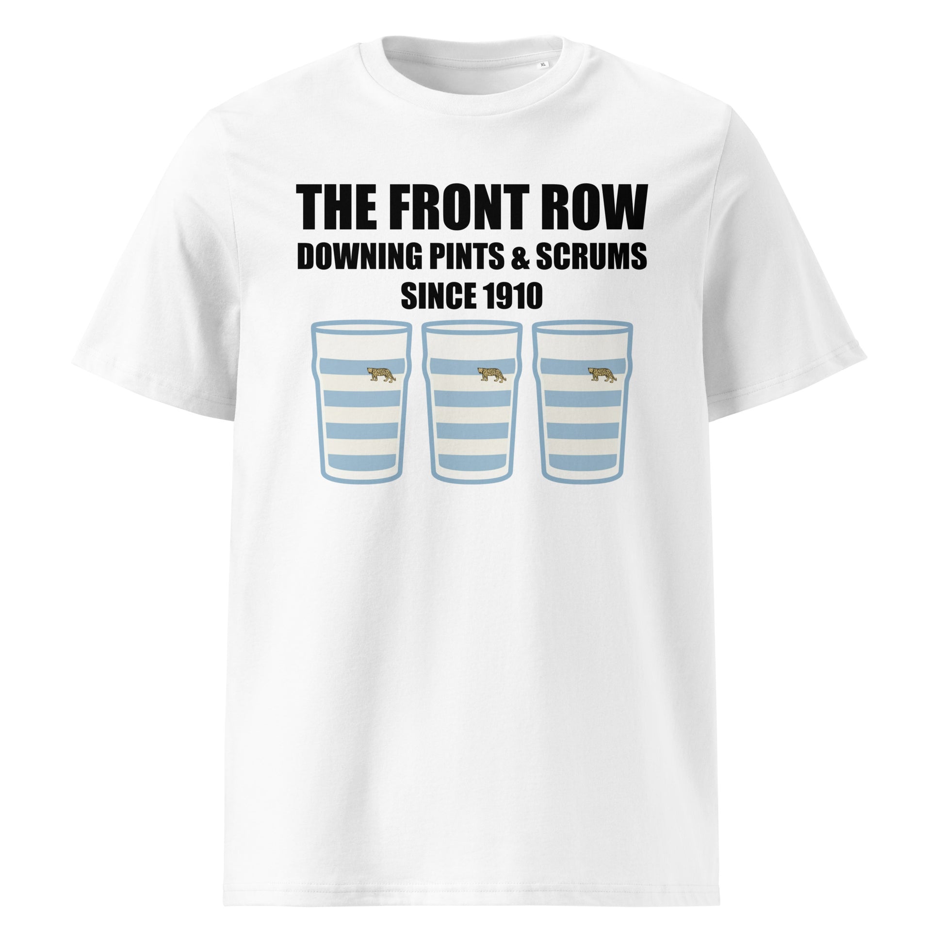 White Argentina vintage rugby t-shirt with pint glasses in sky blue and white stripes arranged in a front row formation and text reading Since 1910.