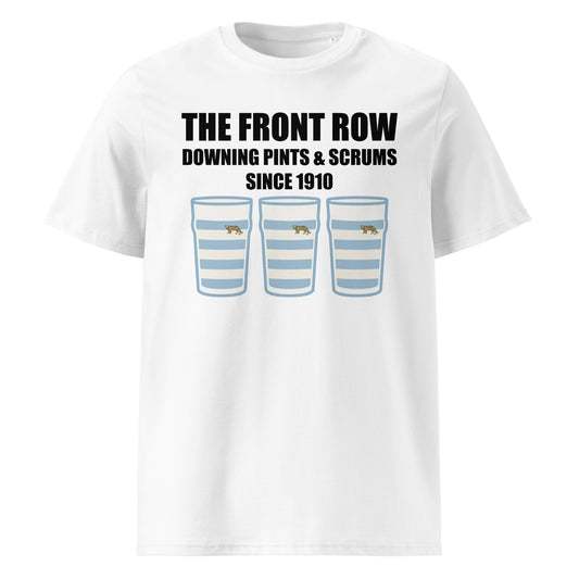 White Argentina vintage rugby t-shirt with pint glasses in sky blue and white stripes arranged in a front row formation and text reading Since 1910.