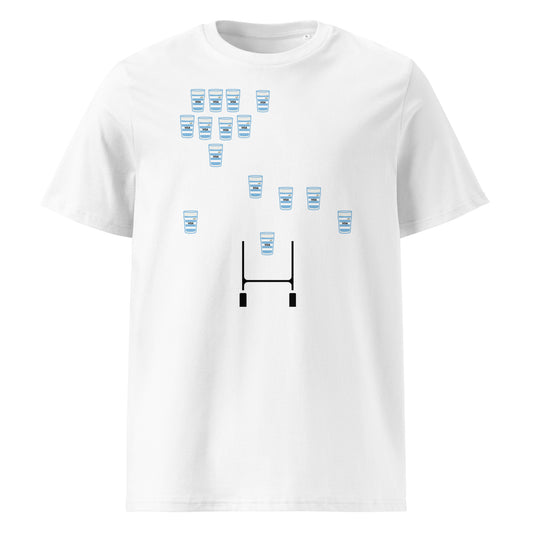 White Argentina rugby t-shirt featuring sky blue and white hooped pint glasses arranged in a rugby team formation above rugby posts.