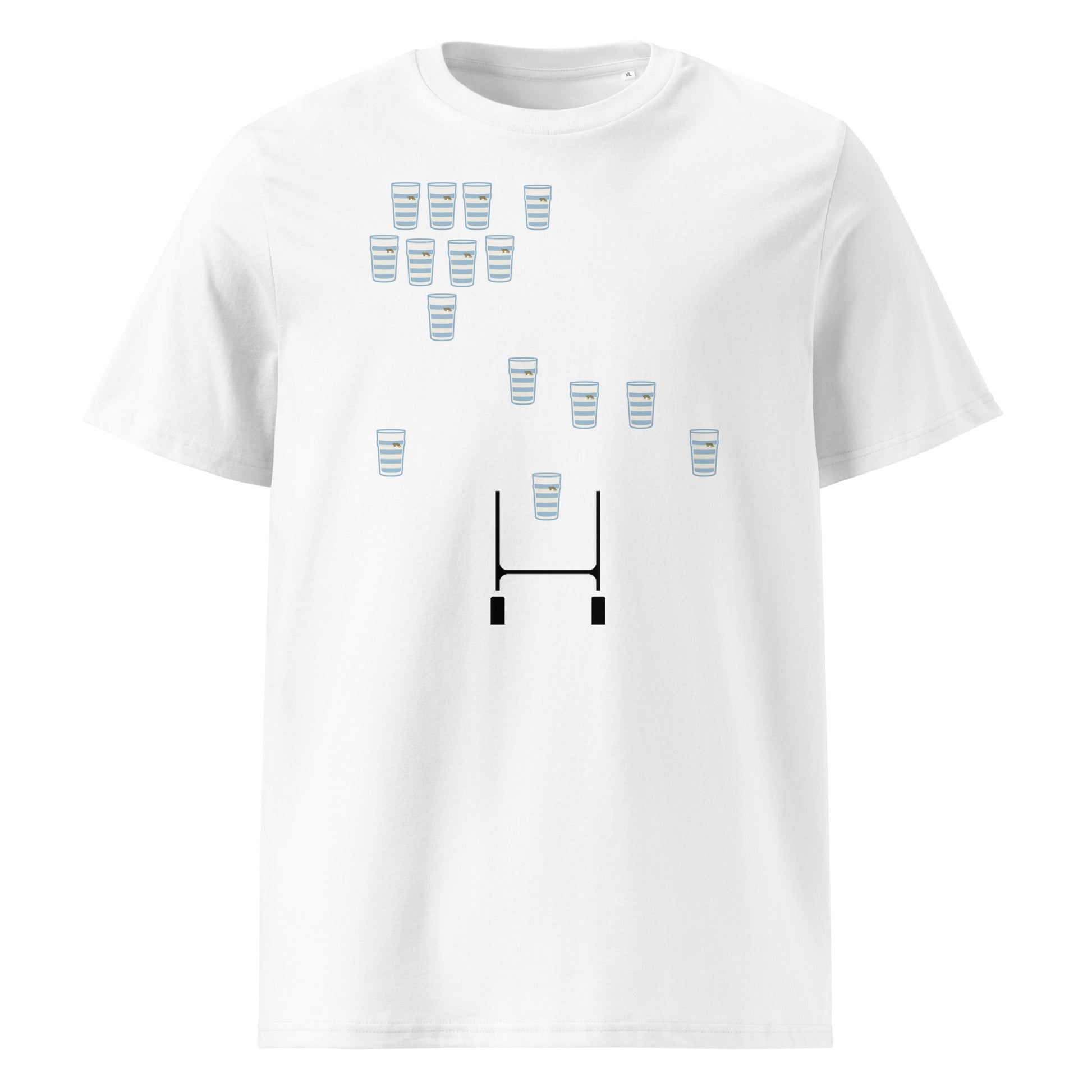 White Argentina rugby t-shirt featuring sky blue and white striped pint glasses arranged in a rugby team formation above rugby posts.