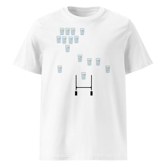 White Argentina rugby t-shirt featuring sky blue and white striped pint glasses arranged in a rugby team formation above rugby posts.