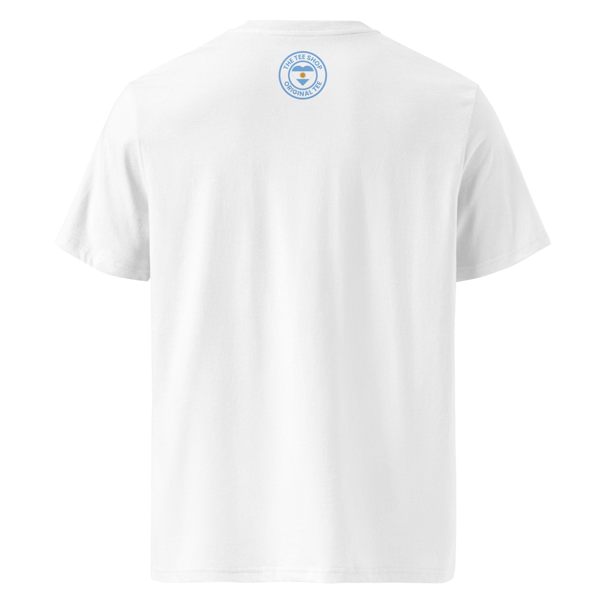 Back of the tee featuring TheTeeShop logo in Argentinian blue and white – subtle and stylish.