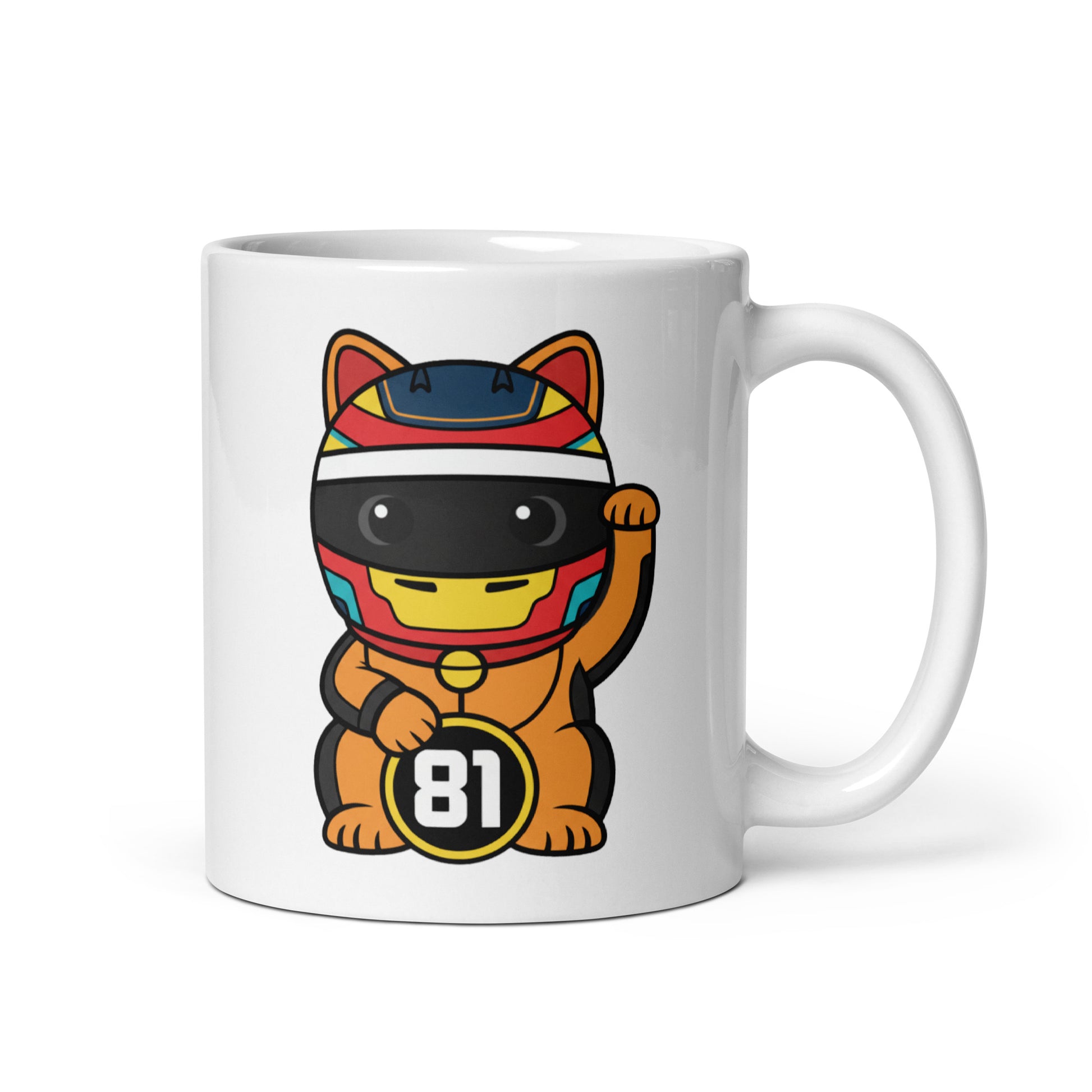 Motorsport-inspired lucky cat mug with papaya/orange styling and #81 coin detail perfect for race mornings, desk flex energy, and Aussie-flier fans.