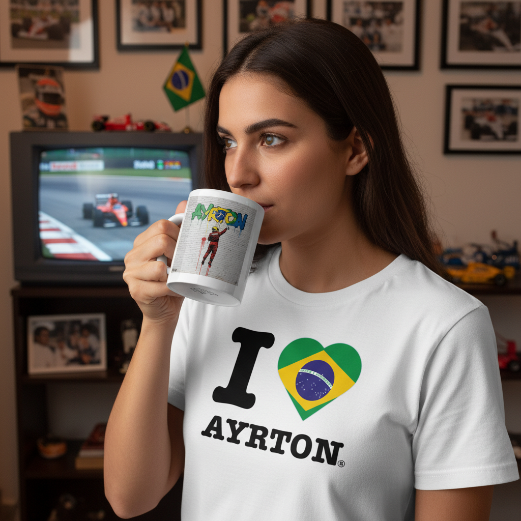 Female model in “I ♥ Ayrton” t-shirt sipping from the Ayrton Street Art Graffiti Mug, with Brazilian memorabilia and classic F1 race on TV.