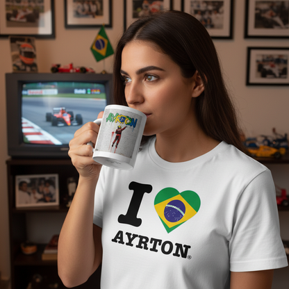 Female model in “I ♥ Ayrton” t-shirt sipping from the Ayrton Street Art Graffiti Mug, with Brazilian memorabilia and classic F1 race on TV.