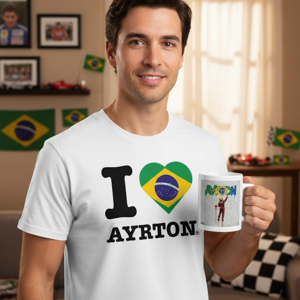 Male model in “I ♥ Ayrton” t-shirt holding the Ayrton Street Art Graffiti Mug in a Senna-inspired home.