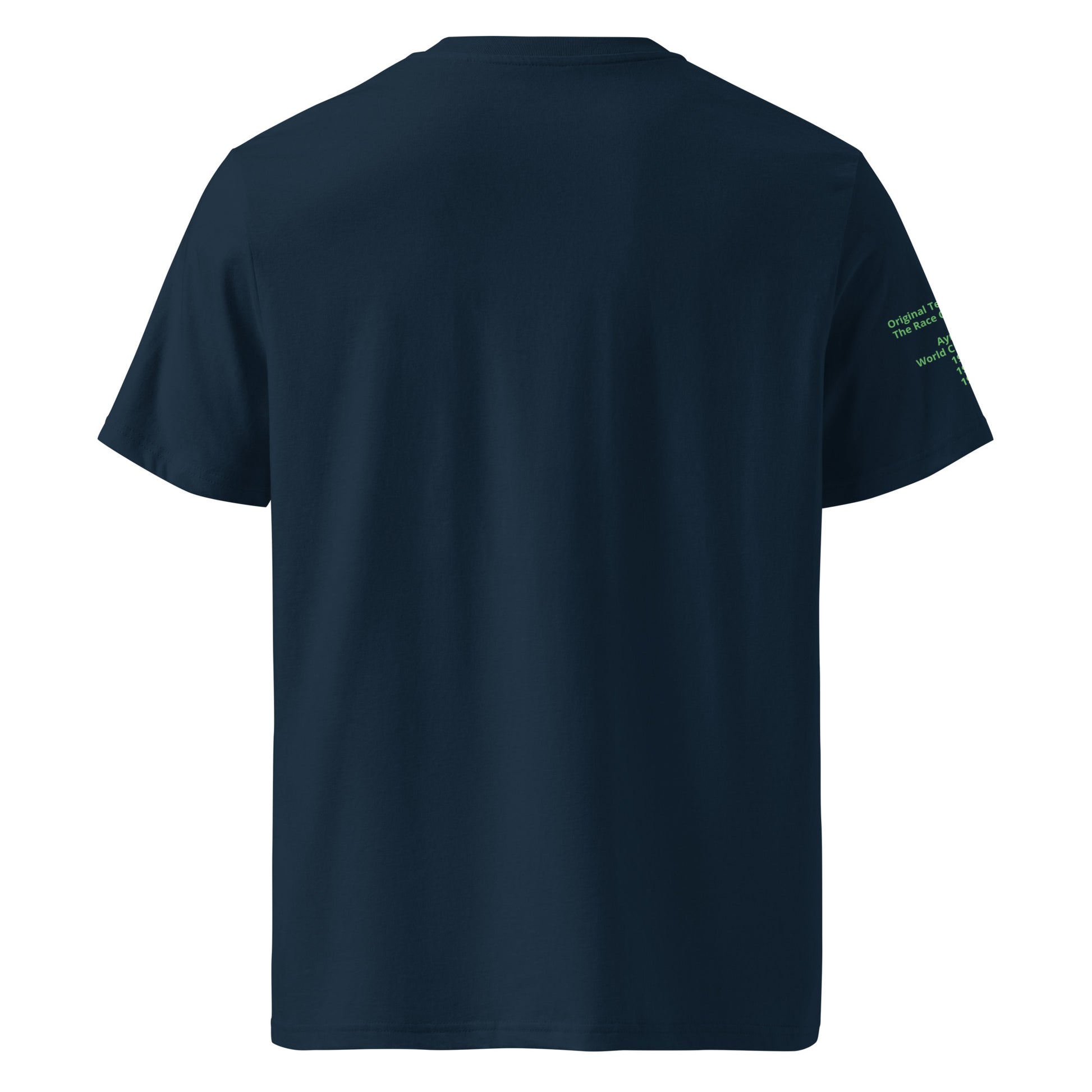 Back view of the Ayrton Senna Navy T-Shirt, designed for fans who appreciate a simple yet bold motorsport aesthetic.